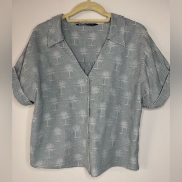 ZARA Blue Palm Tree Button-Up Shirt | Size M - Picture 1 of 13